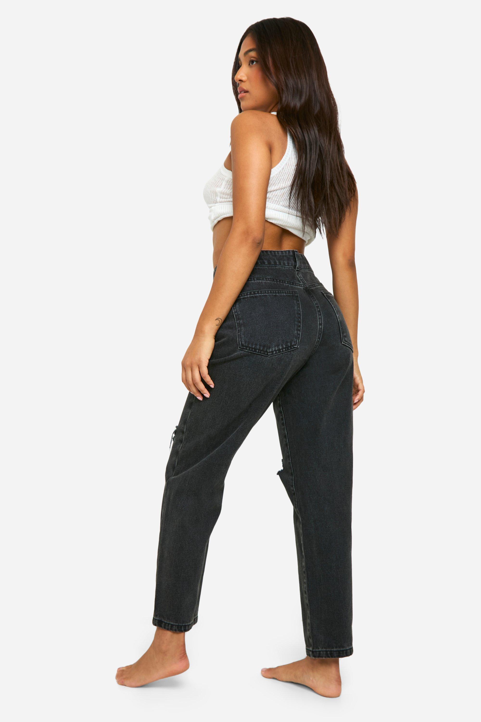 Petite Basics High Waisted Ripped Mom Jeans boohoo UK